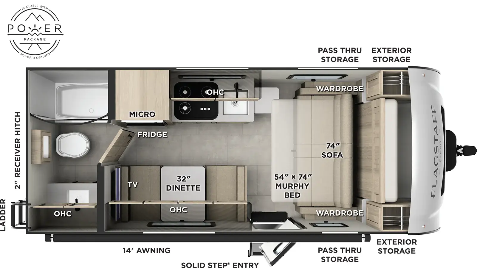 The Flagstaff E-Pro E19FD floorplan has one entry and zero slide outs. Exterior features include: fiberglass exterior and 14' awning. Interiors features include: murphy bed and rear bathroom.